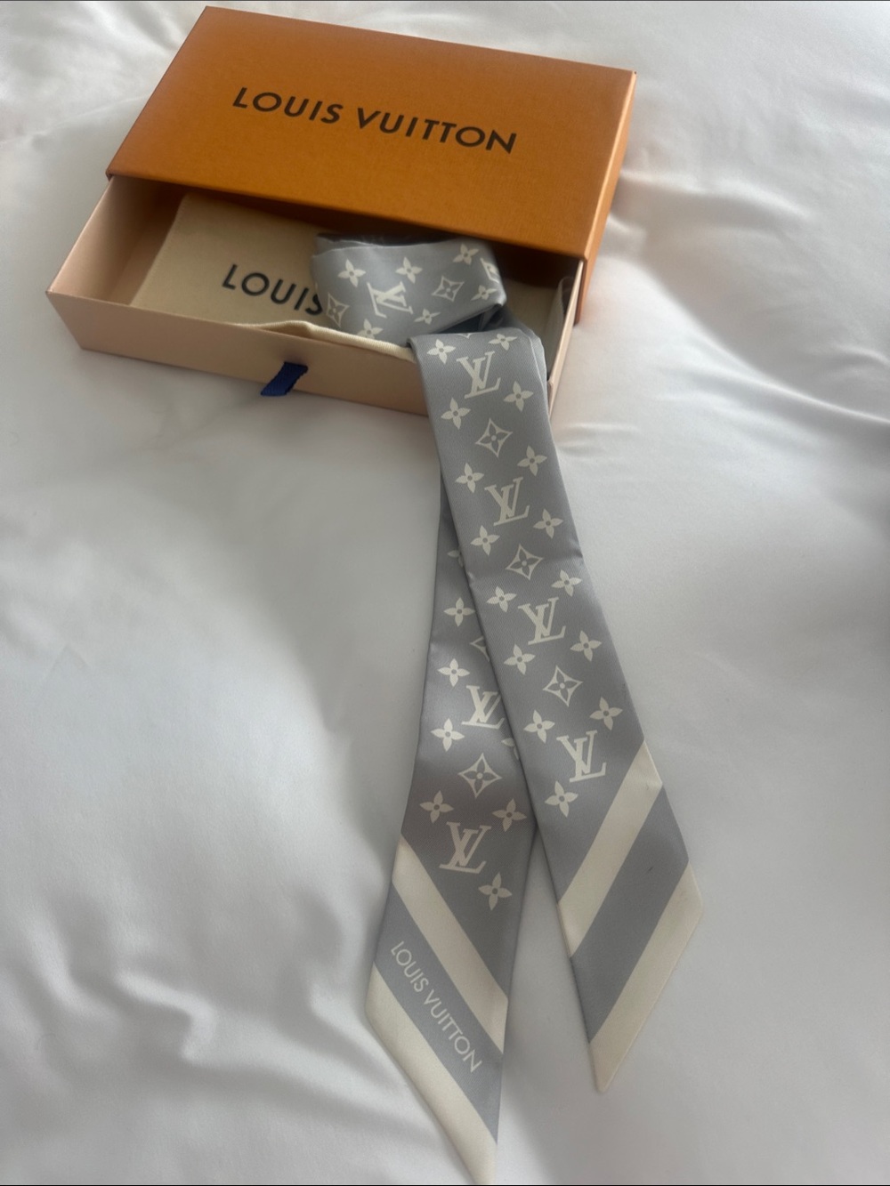 Louis Vuitton Gray & Cream Monogram Silk Tie Scarf